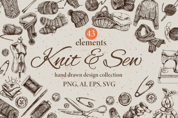 Download Knitting and Sewing Sketch Clipart Set - Clipart Collection