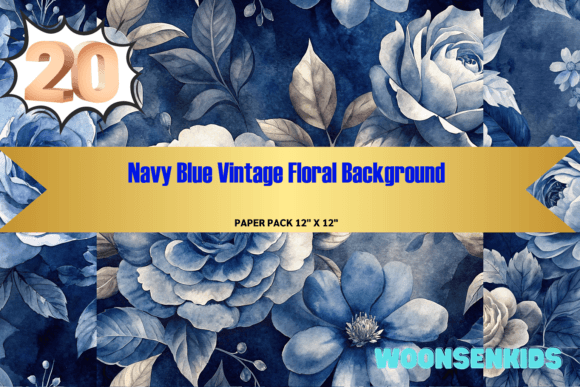 Download 20 Navy Blue Vintage Floral Background Watercolor Png Kdp Digital Paper - Floral Collection