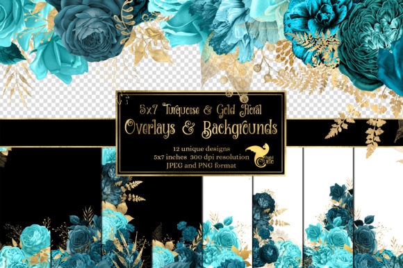 Download 5x7 Turquoise and Gold Floral Overlays - Floral Collection