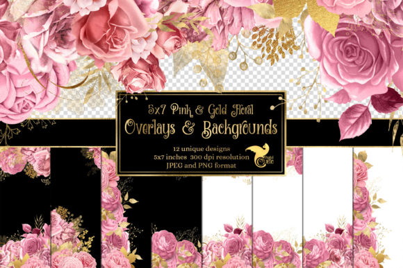 Download 5x7 Pink and Gold Floral Overlays - Floral Collection