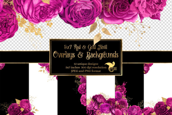 Download 5x7 Hot Pink and Gold Floral Overlays - Floral Collection