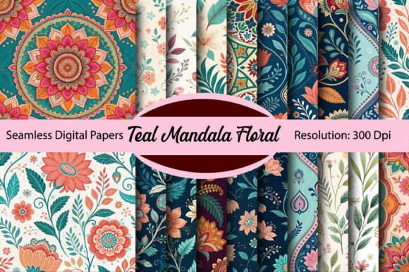 Download Teal Mandala Floral Digital Paper - Floral Collection