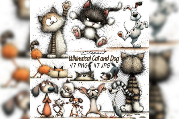 Download Whimsical Cat &amp; Dog Friends Clipart Set - Clipart Collection