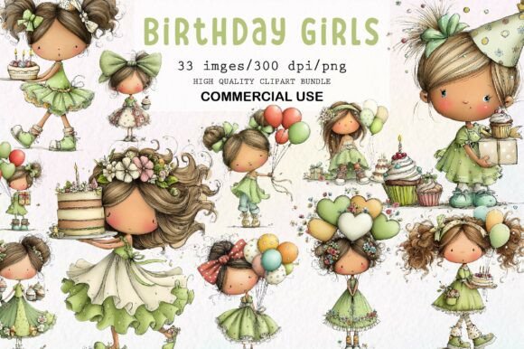 Download Whimsical Birthday Girls Clipart Set - Clipart Collection